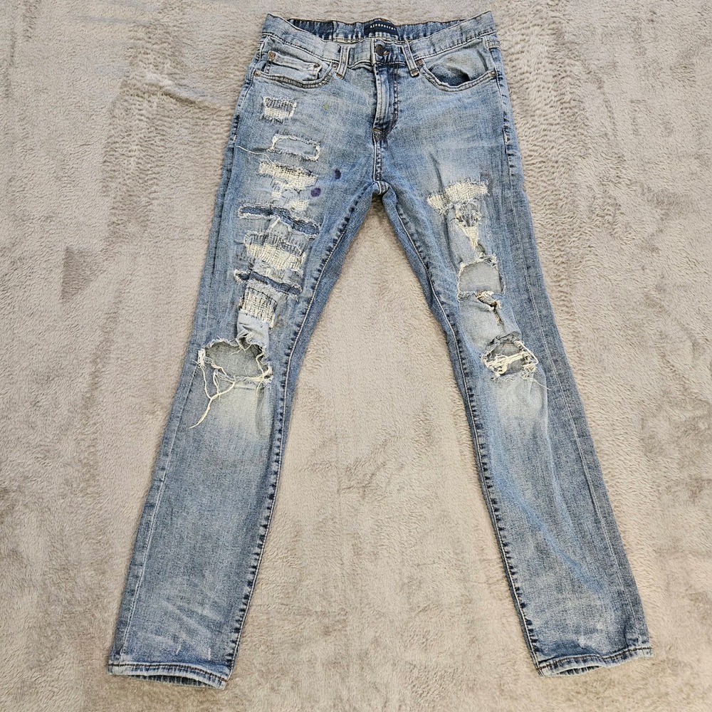 Aeropostale Mens Distressed Patchwork Slim Jeans Light Wash Paint Splatter 30W